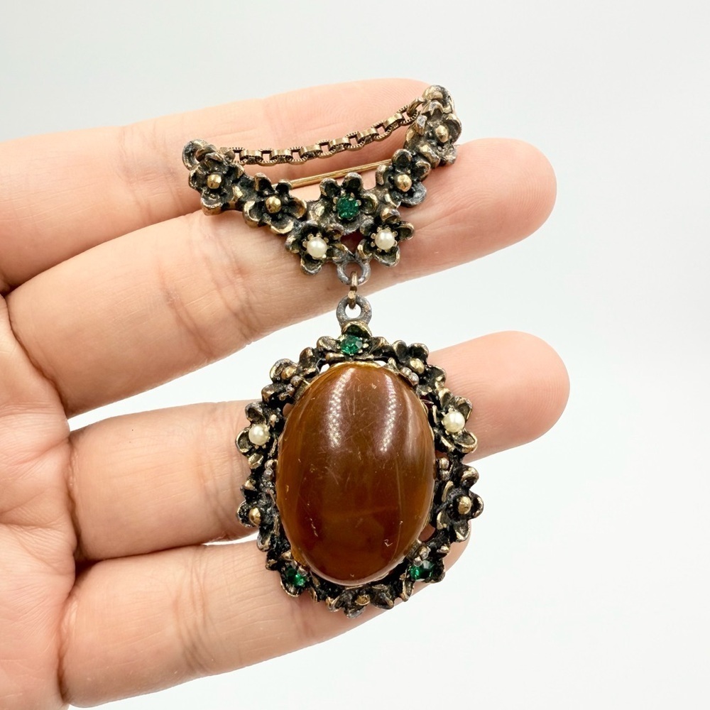 Vintage Green Rhinestone Faux Pearl & Resin Cabochon Brooch